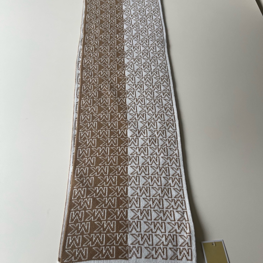 Michael Kors Camel and White Monogram Knit Scarf
